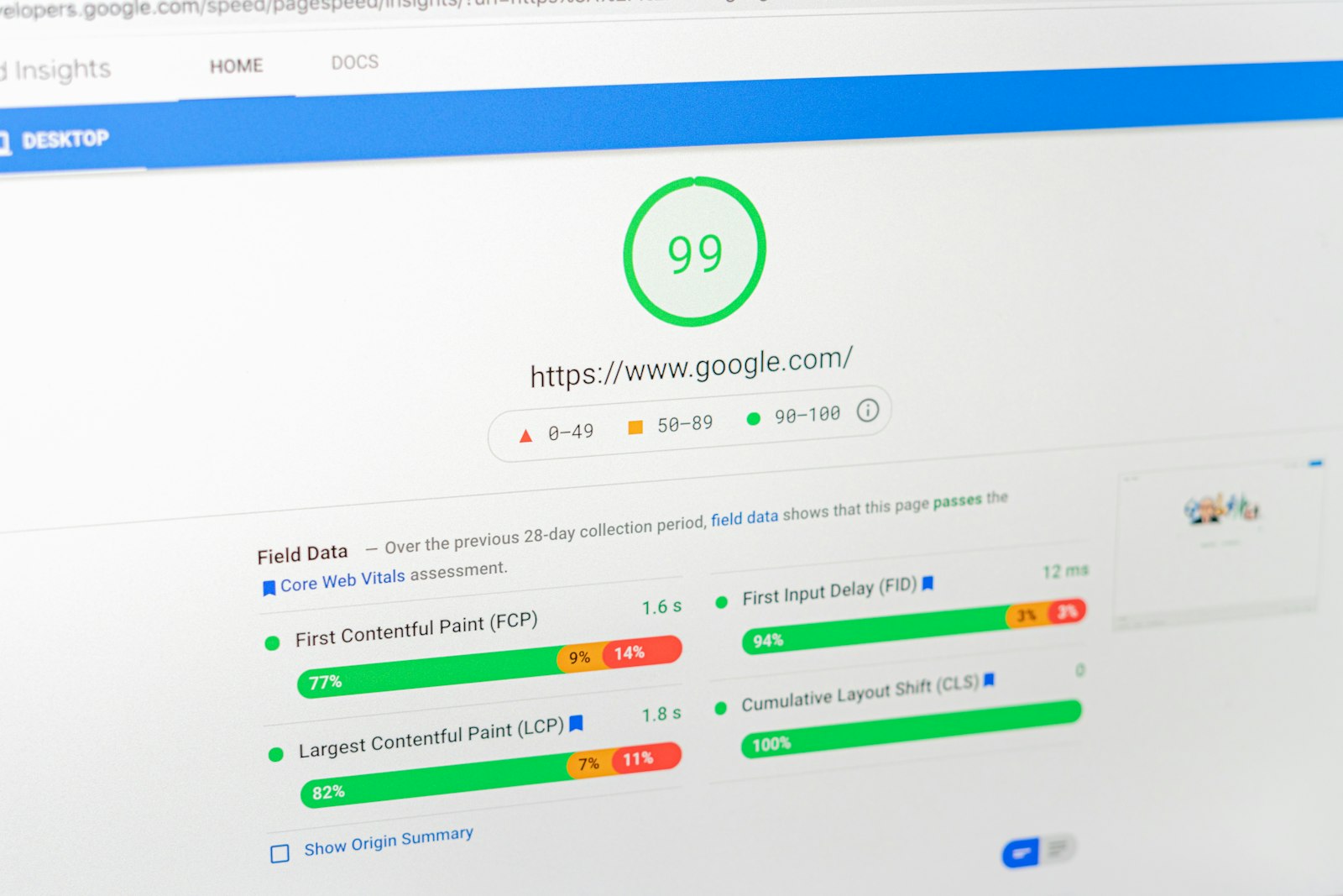 PageSpeed Insights report showing a 99 performance score and Core Web Vitals field data
