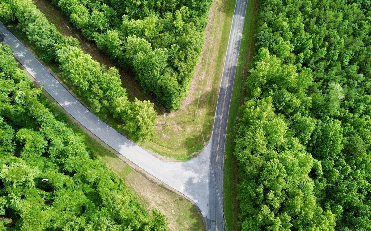 Aerial view of a road splitting in two through a green forest