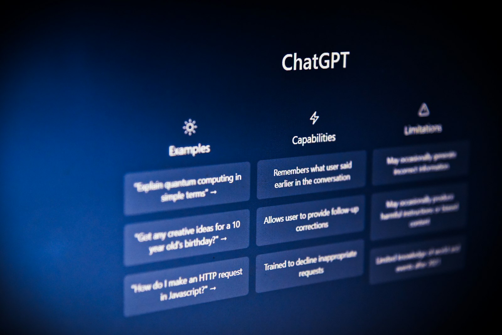 The ChatGPT interface listing example prompts, capabilities and limitations