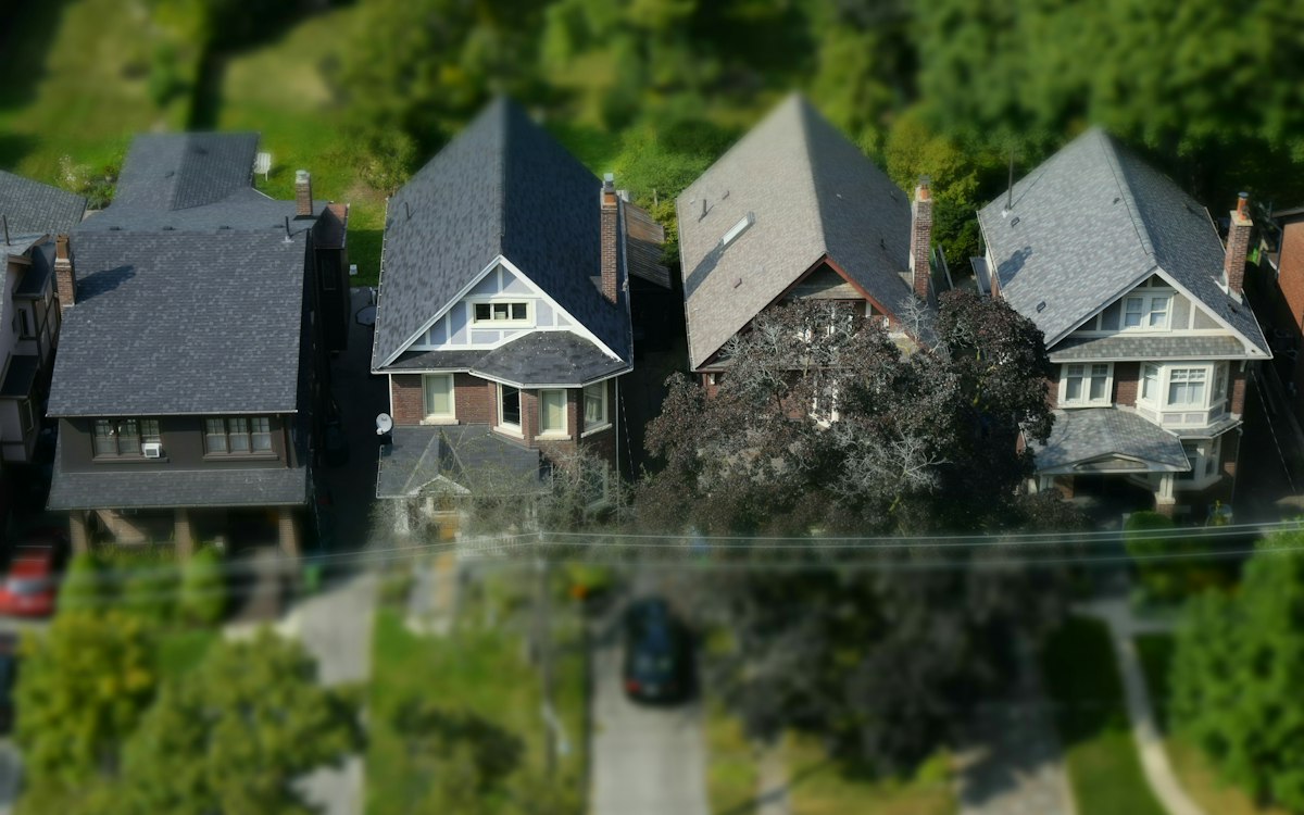 Aerial view of a row of near-identical houses